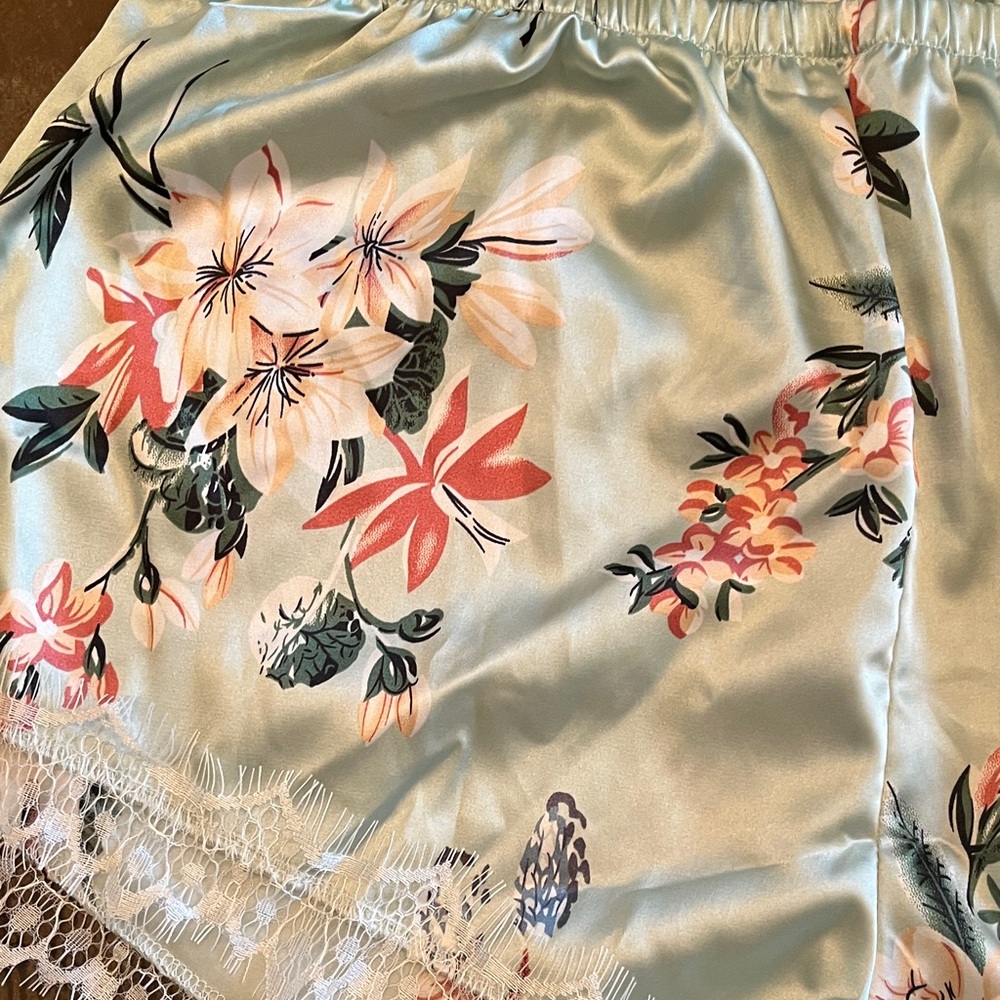 NWOT Floral Satin Backless Halter Romper with Lace Trim Mint Green - Picture 3 of 3